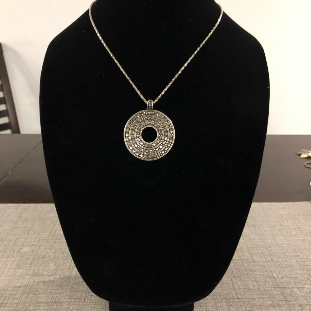 16” Silver necklace and broach with black stones